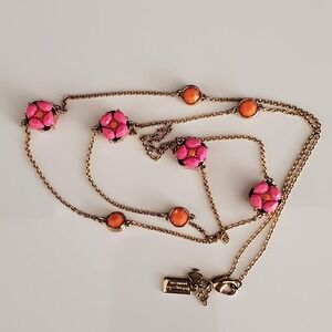 Kate Spade Izu Petals Long Necklace Scattered Pink Flowers Orange Accents Signed